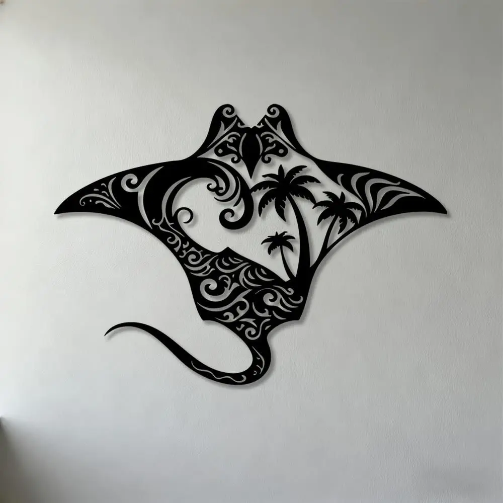 CIFBUY 2D Flat Wrought Iron Manta Ray with Palm Trees Metal Wall Art Living Room Bedroom Office Decor