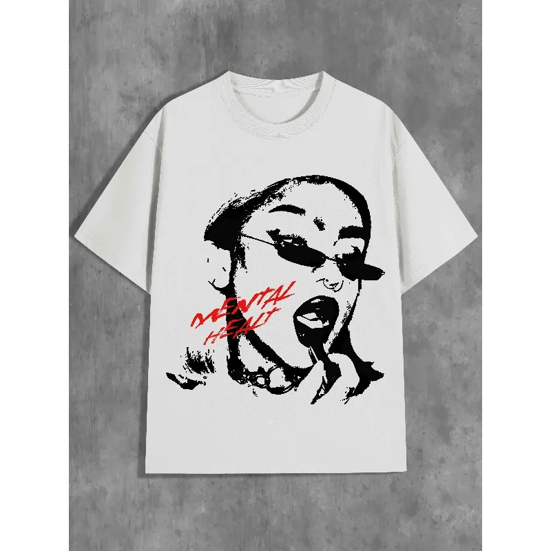 تي شيرت Y2K بنمط ريترو للرجال بتصميم شفاه سوداء وحمراء، بلوزة كاجوال للشارع، أزياء ريترو 2000s بأكمام قصيرة