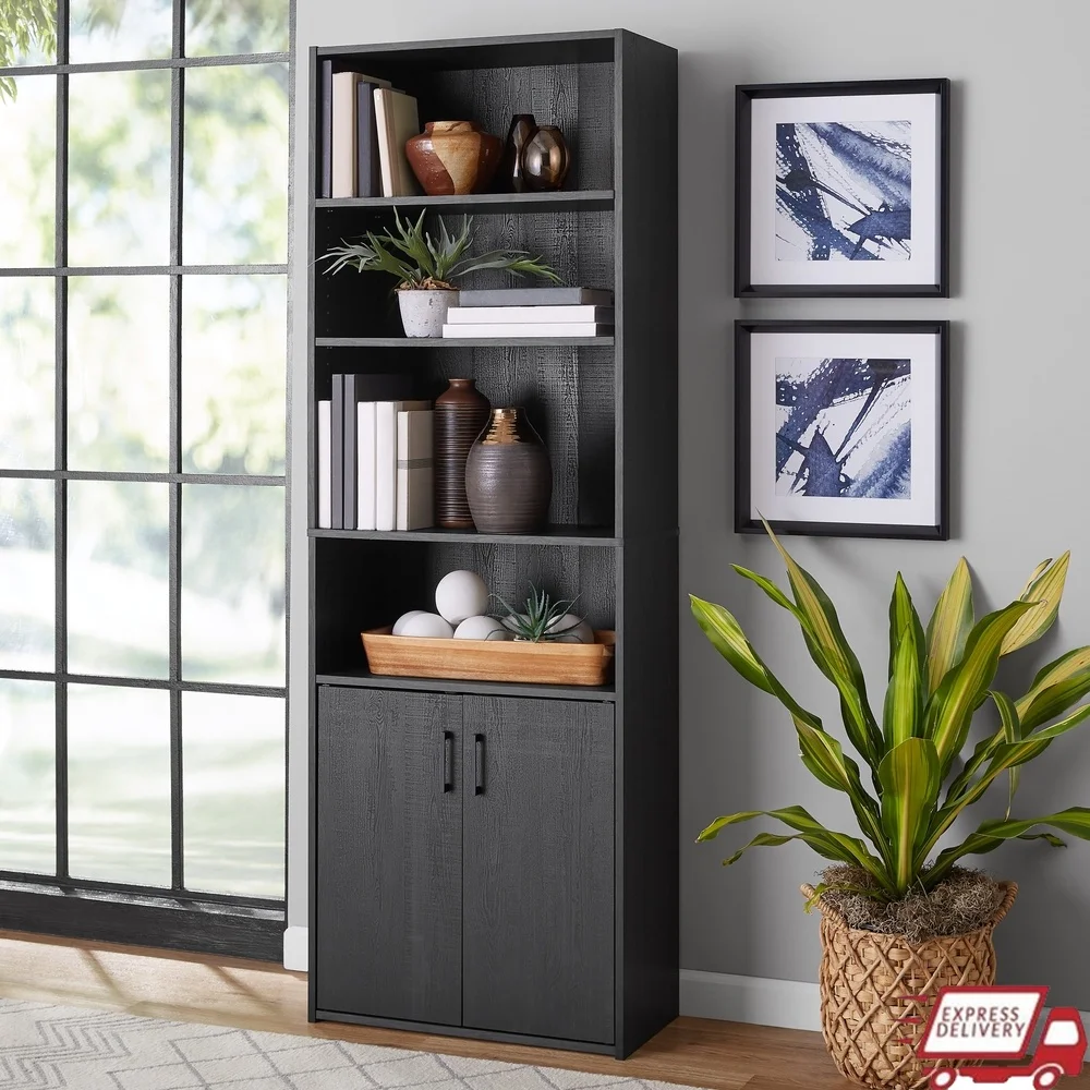 

Traditional 5 Shelf Bookcase with Adjustable Shelves and Doors Home Office Storage Modern Black Wood Composite Display Unit