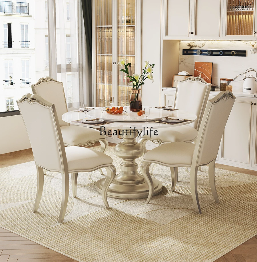 American solid wood dining table natural luxury stone high-end round household table