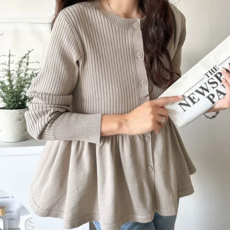 

Autumn and Winter New Solid Color Cardigan Women's Top Fashion Design Lotus Leaf Fluffy Knitted Sweater