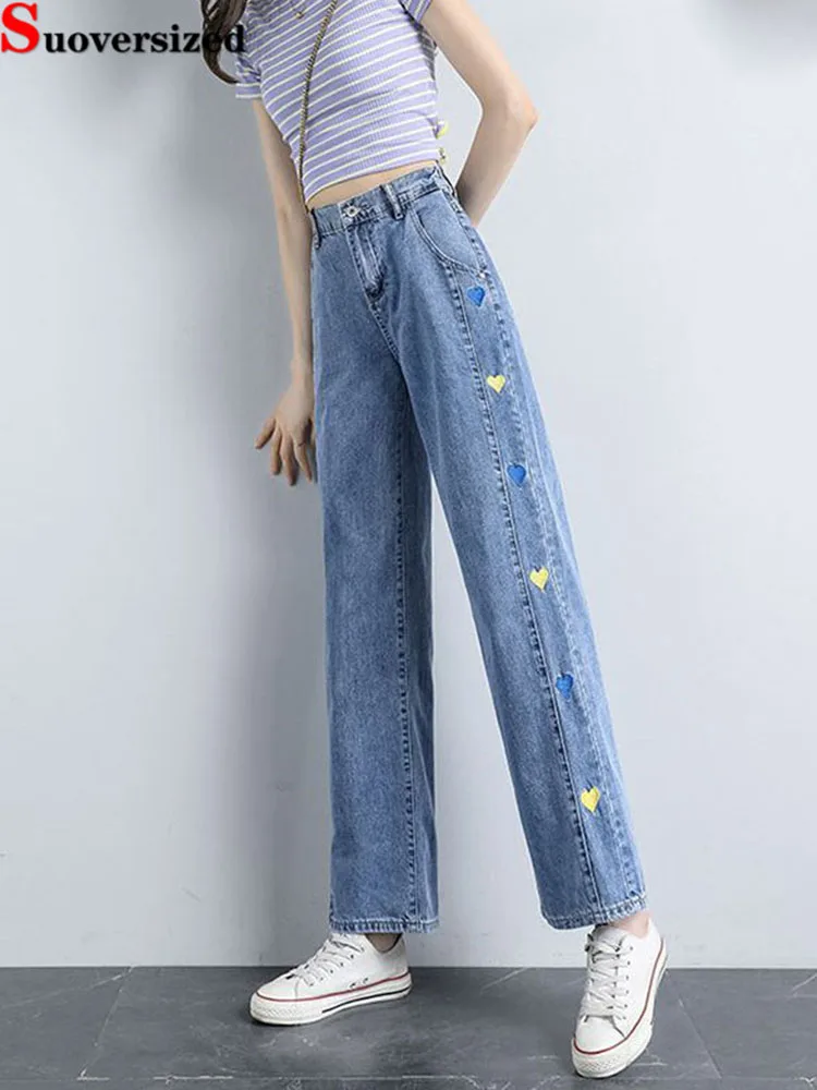 

Мешковатые джинсы с вышивкой Love, женские повседневные корейские модные джинсовые брюки с высокой талией, винтажные свободные прямые широкие брюки Vaqueros