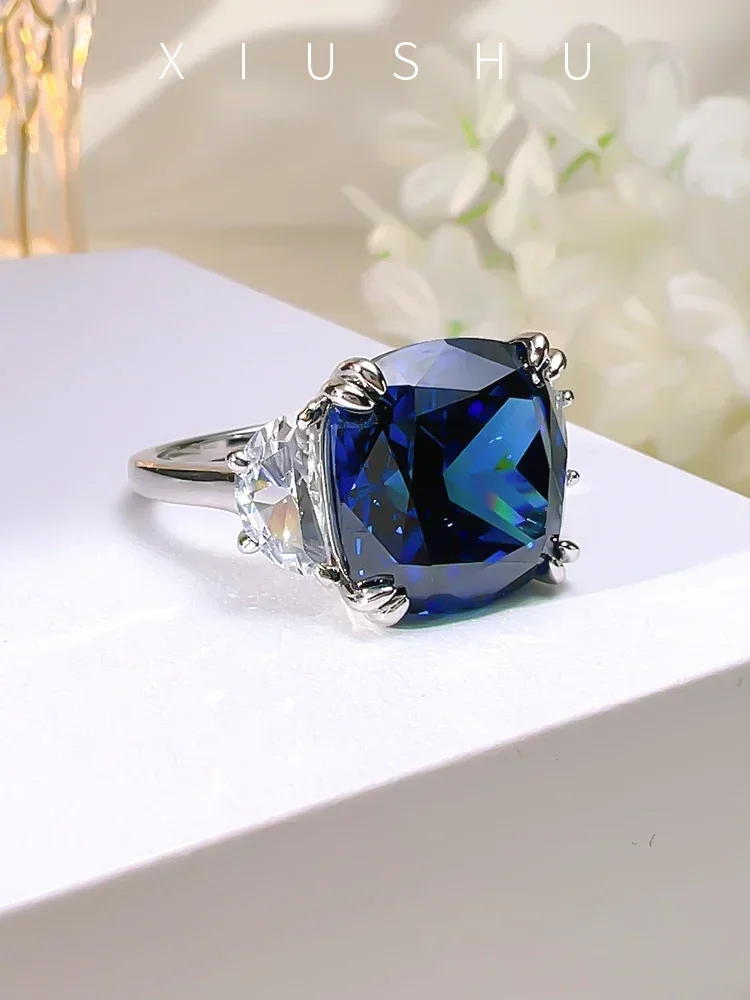 Fashionable and Exquisite Luxury 100% 925 Sterling Silver Royal Blue Ring Set with High Carbon Diamond Luxury Wedding Jewelry