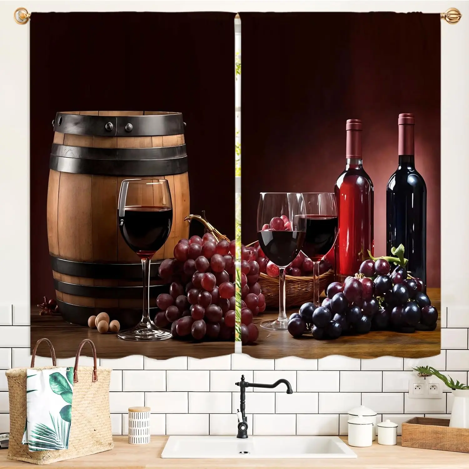 High Definition 2pcs Wine Barrel Grape Curtain Set Vineyard Theme Luxury Decor Panel for Kitchen Dining Room Window