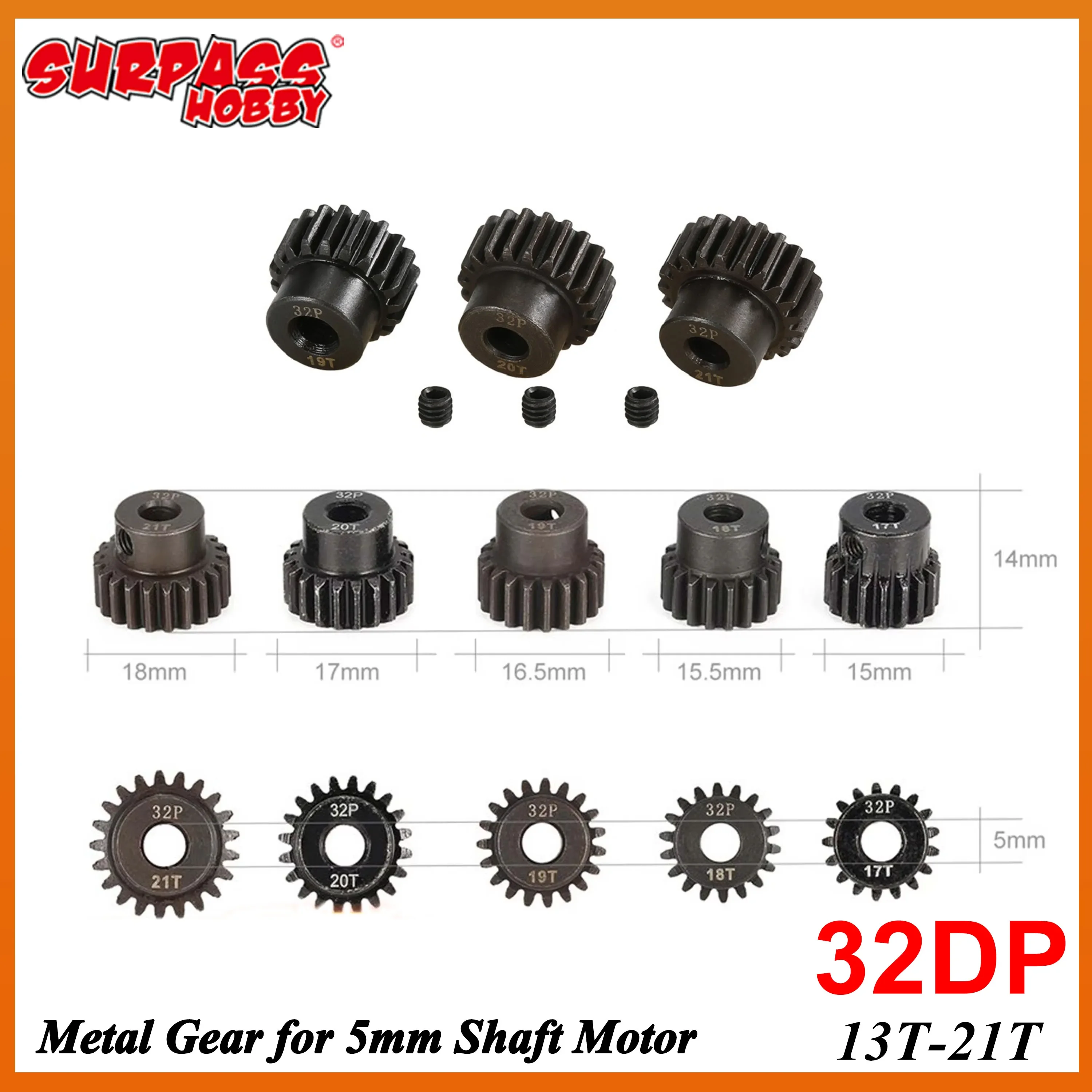 32DP 5mm 13T 14T 15T 16T 17T 18T 19T 20T 21T Black Steel Pinion Motor Gear for 1/8 1/10 RC Car Wltoys HSP Traxxas Tamiya HSP