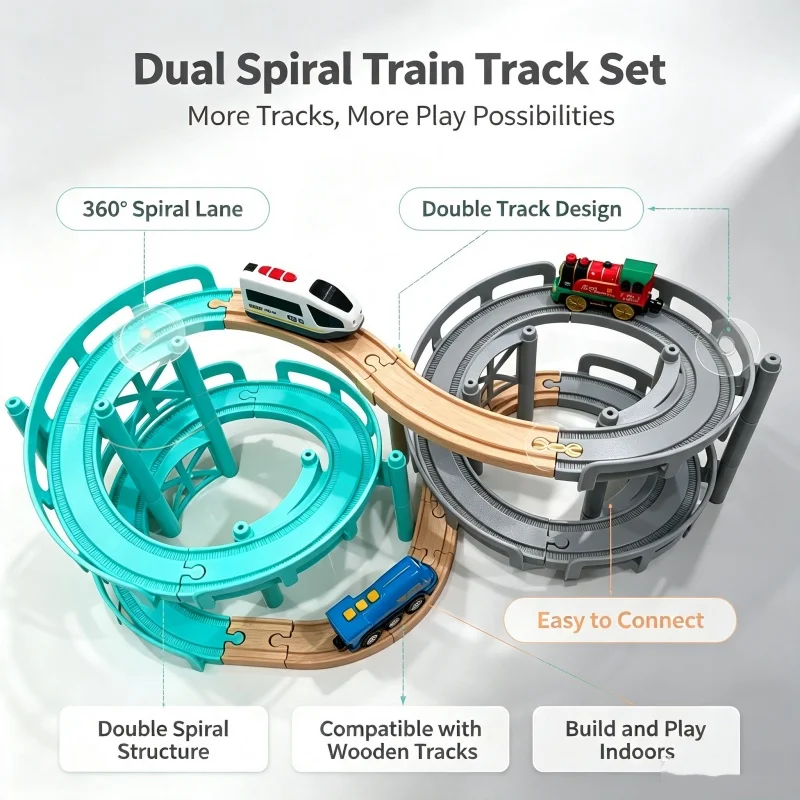 DIY Wooden Train Track Railway Accessories Multi-Layer Plastic Spiral Rising Rail Track Wooden track Sets Curves Slopes