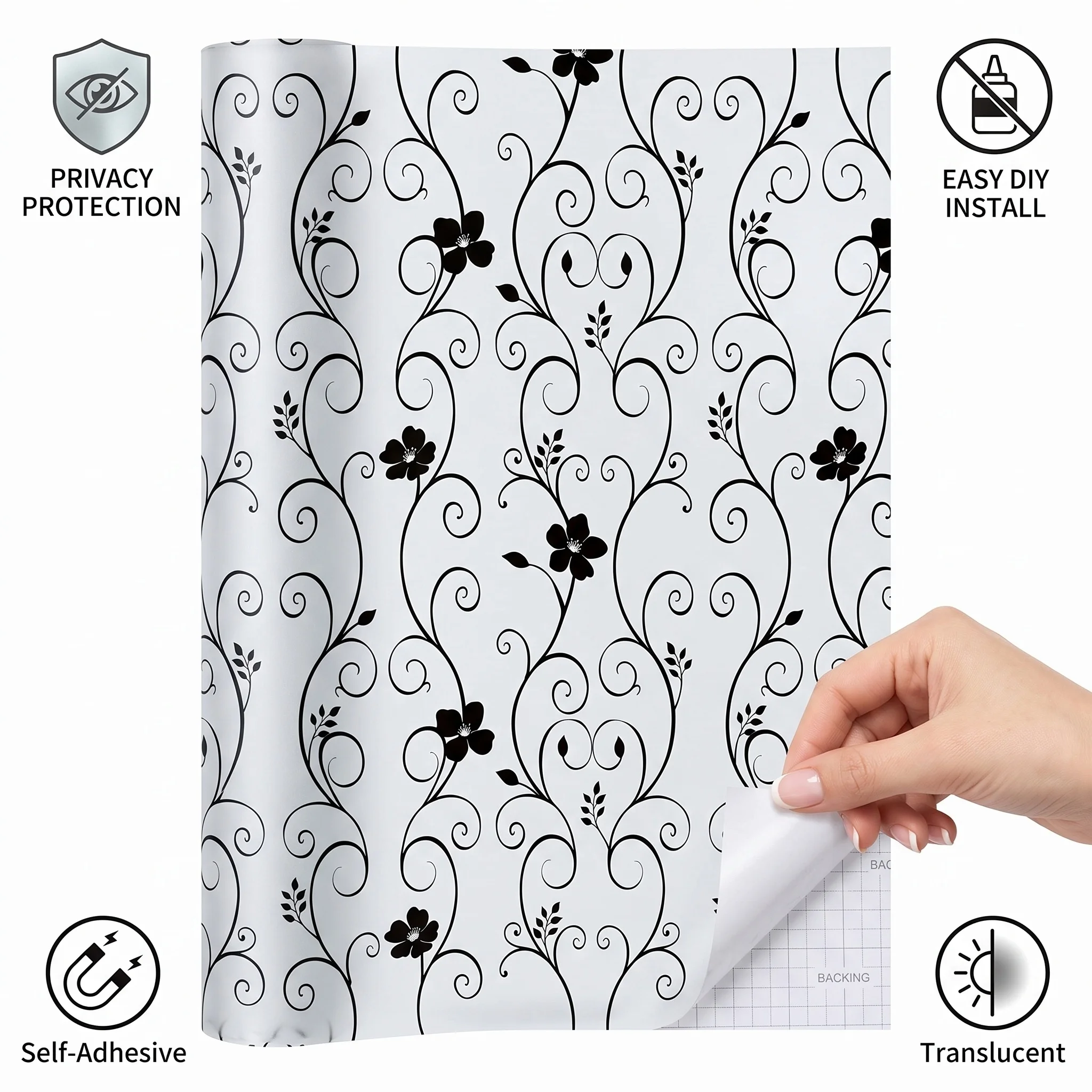 Black Floral Vine Self-Adhesive Window Film Frosted Privacy Glass Sticker Anti-Peeping Soft Light Transmission Scratch-Resistant