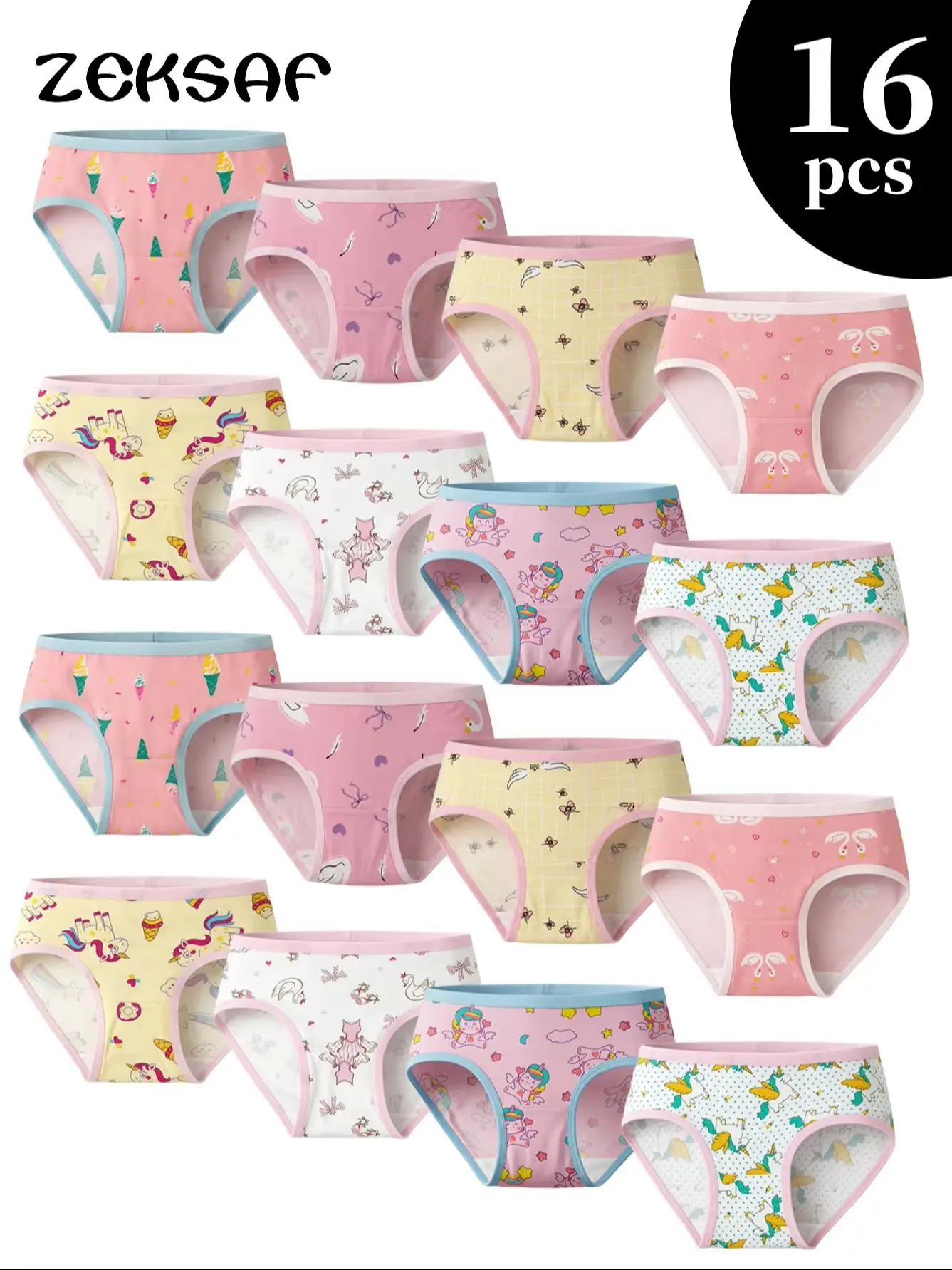 ZEKSAF Kids Girls Briefs 16 Pack Cute Unicorn & Swan Print Soft and Seamless Girls Underwears