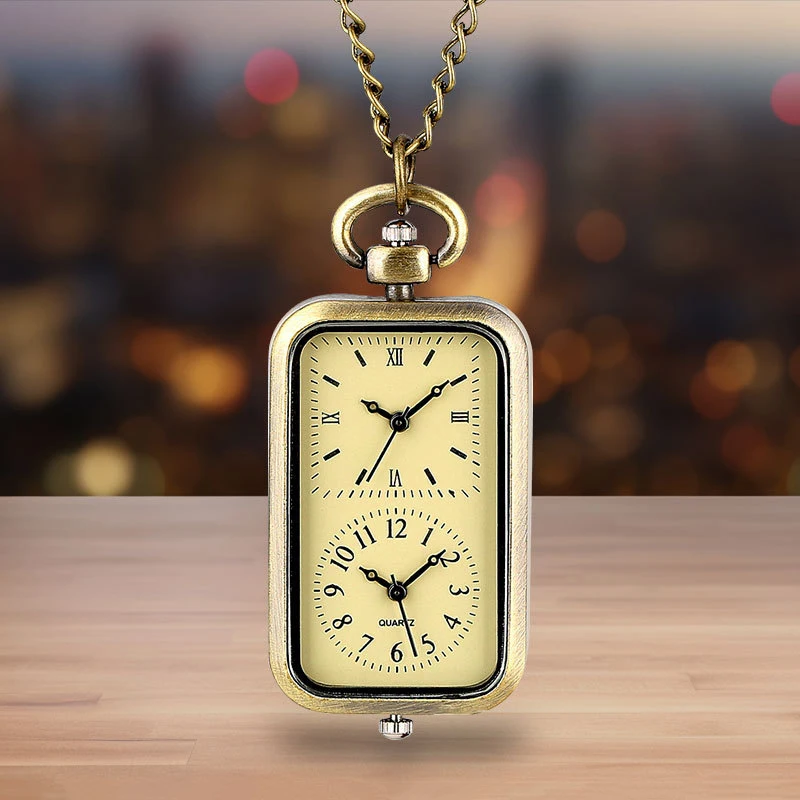 Relógio requintado bronze chaveiro relógio de bolso quadrado retro duplo tempo movimento relógio de quartzo sem capa estilo antigo pingente