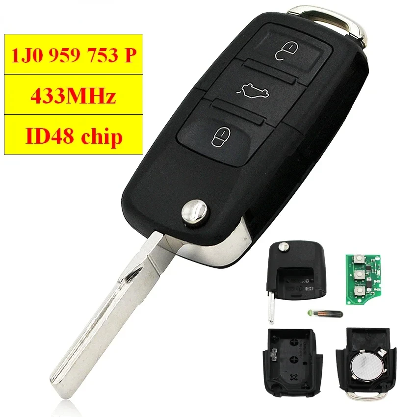 3 BUTTON FULL REMOTE KEY 433MHz with ID48 Chip for SKODA Octavia/Superb/Fabia 2001-2004 1J0 959 753 P 1J0959753P