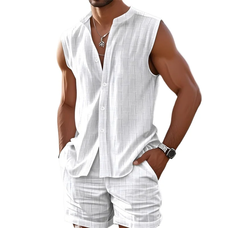 

2026 New Men's Vest Shirt, Sleeveless Top and Shorts Plaid Two-Piece Set, Casual Trendy Sleeveless Shorts Hawaiian Beach Set
