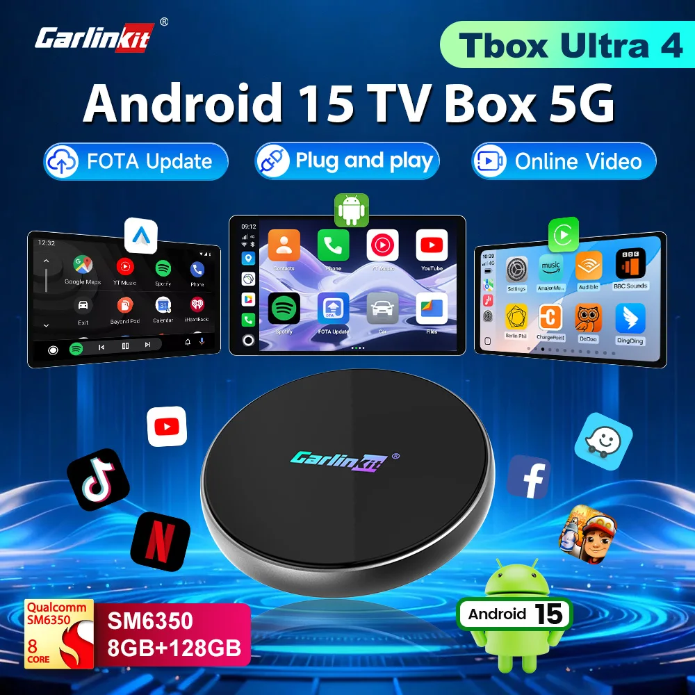 Tbox-Ultra 4 CarlinKit Android 15 TV Box 5G/4G LTE SM6350 Wireless Android Auto & CarPlay Ai Box Para Netflix IPTV GPS 8GB+128GB