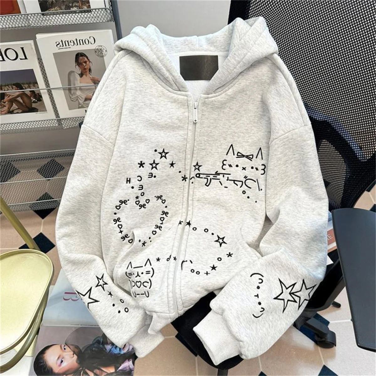 2025 Abrigo con capucha con estampado de gato lindo Colección de vestir de primavera y otoño Sudaderas con capucha deportivas elegantes Abrigos casuales de manga larga con cremallera