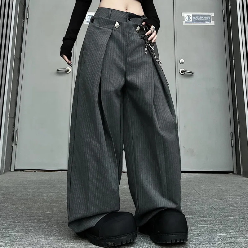 ANJY Spring Autumn New Women Stylish Double-Waisted Pleated Striped Loose Fit Suit-Pants Trendy Casual Wide Leg Ins Pants A21208