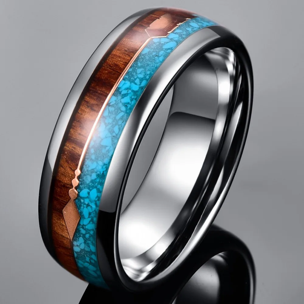 Somen 8mm Dome Tungsten Carbide Ring For Men Wood Turquoise Inlay Rose Gold Color Arrow Engagement Wedding Band anneaux homme