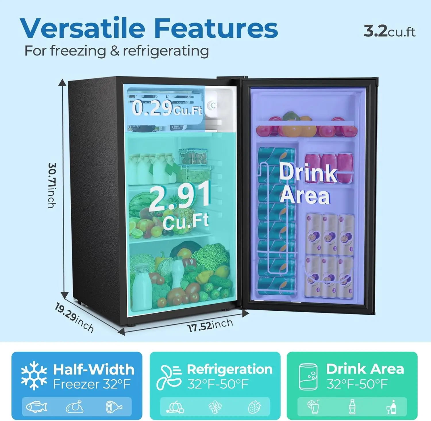 ثلاجة صغيرة 3.2 قدم مكعب مع فريزر، ثلاجة مدمجة مع باب واحد قابل للعكس، ترموستات قابل للتعديل، ضوضاء منخفضة، طاقة E #3