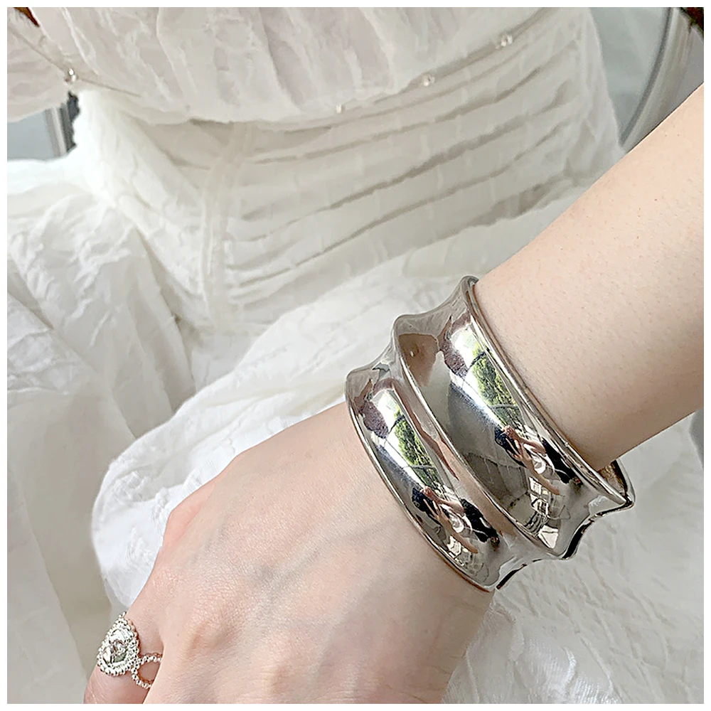 KAYMEN Exaggerate Hip Hop Wide Cuff Bangles For Women Men Vintage Matte Gold Silver Color Spring Bracelet Bangle Pulsera Jewelry