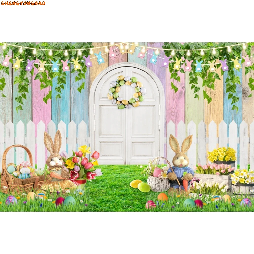 Spring Easter Backdrop Colorful Wood Board Bunny Egg Rabbit Green Grass Flower Easter Baby Portrait Photography Background Decor