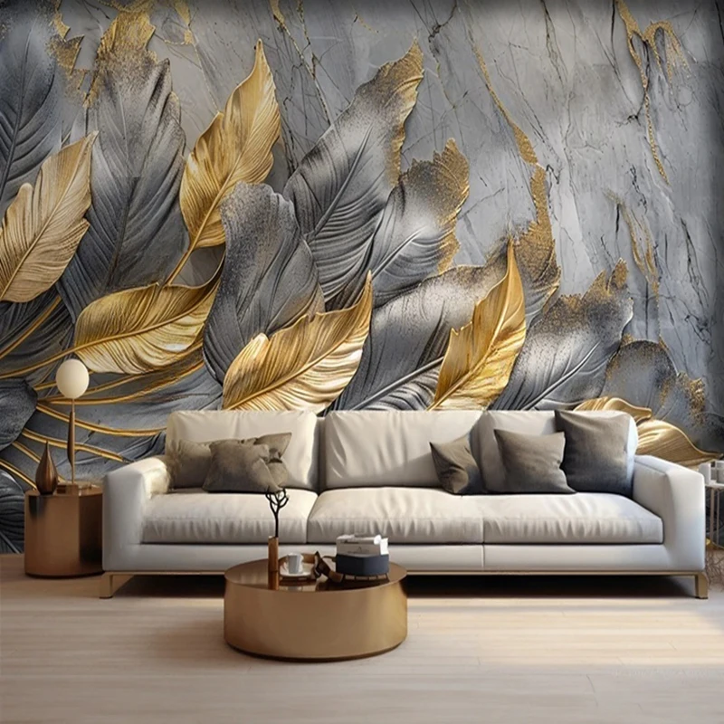 Luxury 3D Gold Leaf Feather Wallpaper - Vintage Retro Large-Scale Living Room bedroom sofa TV Background Home Decor Fresco