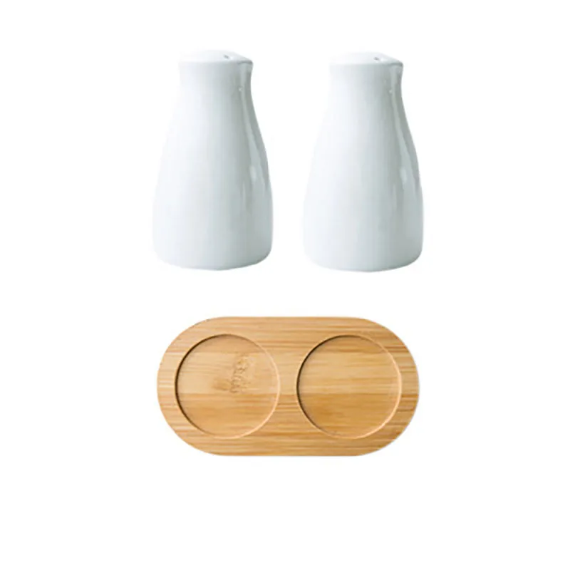 2 PCS Modern White Salt & Pepper Shakers,for Farmhouse Kitchen Table Décor, Ceramic Salt and Pepper Shakers Set with Bamboo Tray