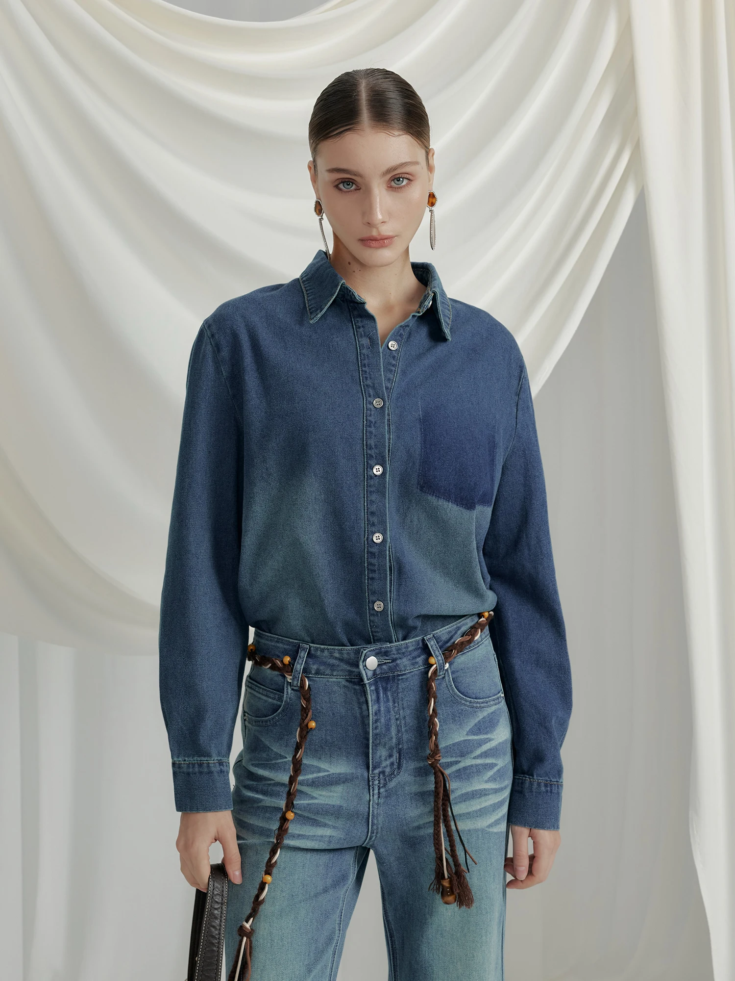 

Женская повседневная рубашка свободного кроя с длинным рукавом из денима с градиентным принтом, простой дизайн, хлопок, полиэстер