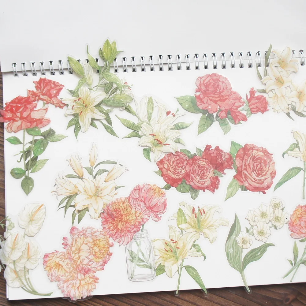 

15 Pcs Big Size Red Hibiscus Flowers White Lily Style PVC Transparent Sticker Scrapbooking DIY Gift Decoration Tag