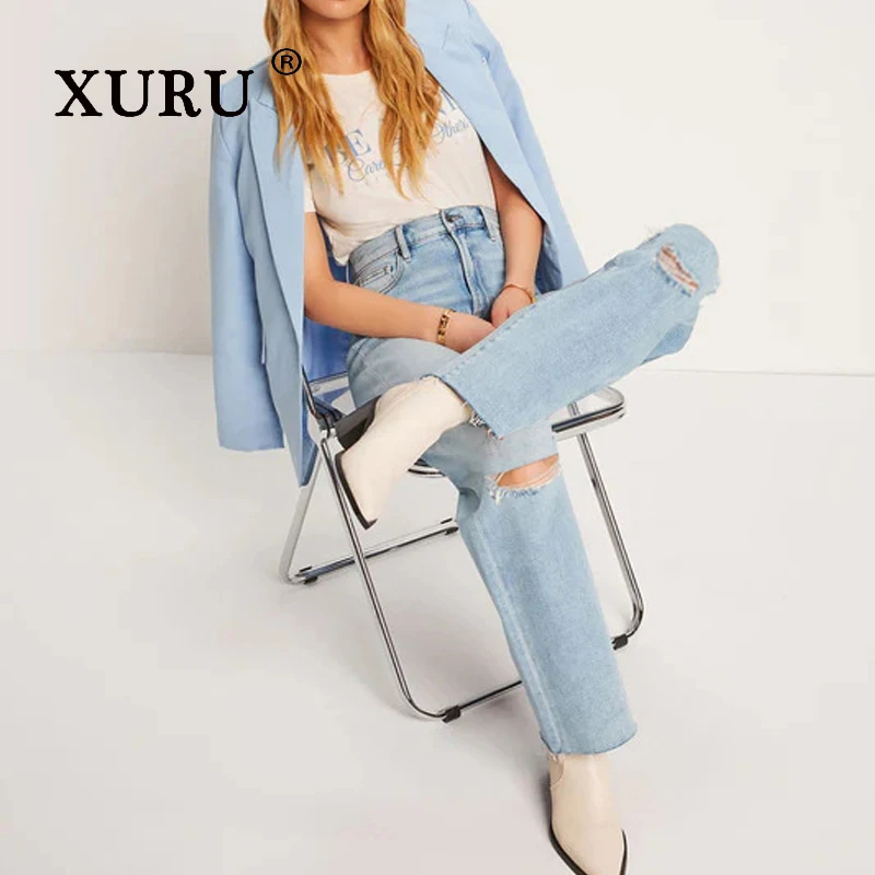 XURU - New women's ripped cropped jeans, y2k loose straight leg light colored long jeans, men's pants