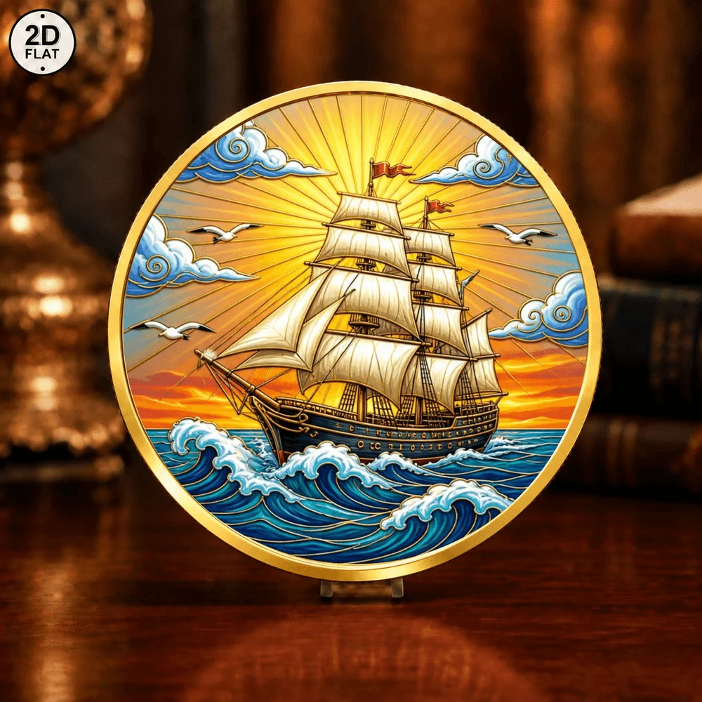 1pc Nautical Voyage Art Commemorative Coin 2D Tropical Island Balloon & Ocean Sailing Ship Metal Coin Gifts for Travel Lovers