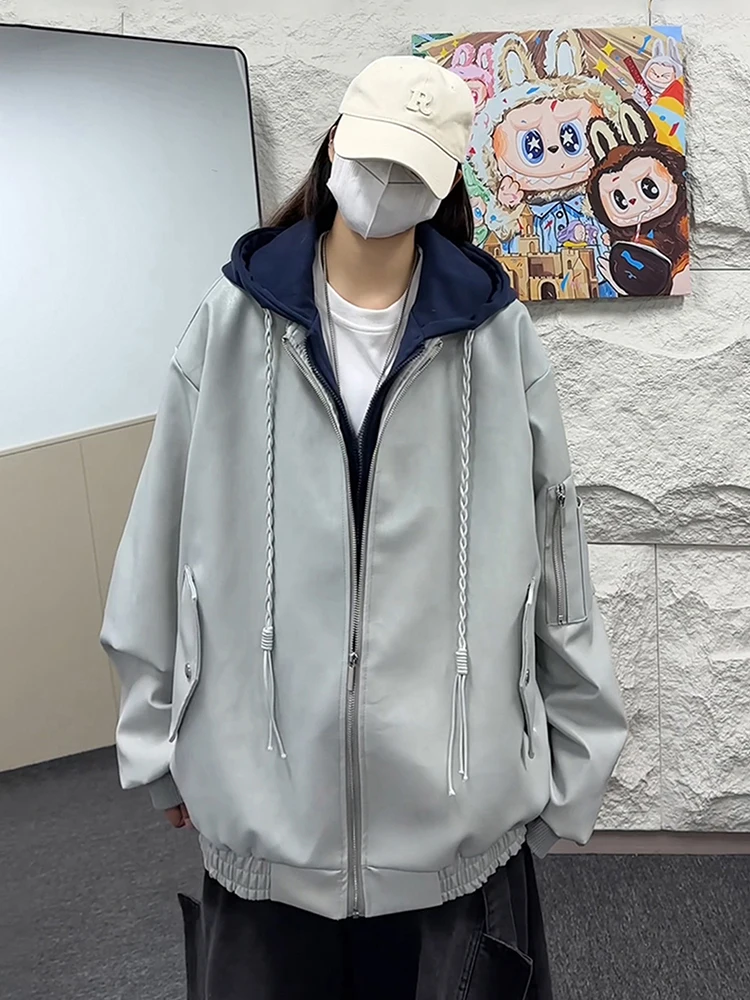 

ey Splice Color Contrast Design Men's Leather Jaet Coat Flight Sle Casual Outerwear Autumn Winter Trendy Brand American...