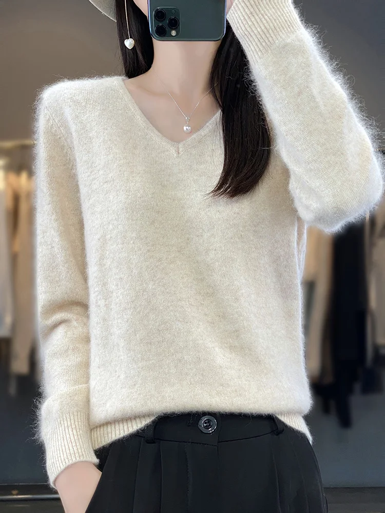 2024 New Women Basic V-neck Pullover Sweater 100% Mink Cashmere Long Sleeve Cashmere Knitwear Autumn Winter Female Clothing Tops