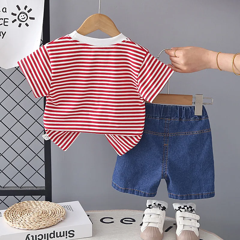 Toddler Boys' Short Sleeved Summer Outfit Set 2026 Children's Cute Cartoon Striped Love Tops and Denim Shorts 2 Piece Kids Suit