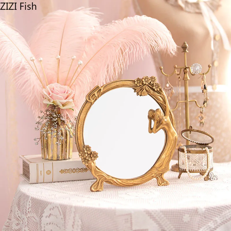 Palace Maid Relief Dressing Mirror Dressing Table Circular Decorative Mirrors Vintage Home Decor Vanity Mirror Home Crafts