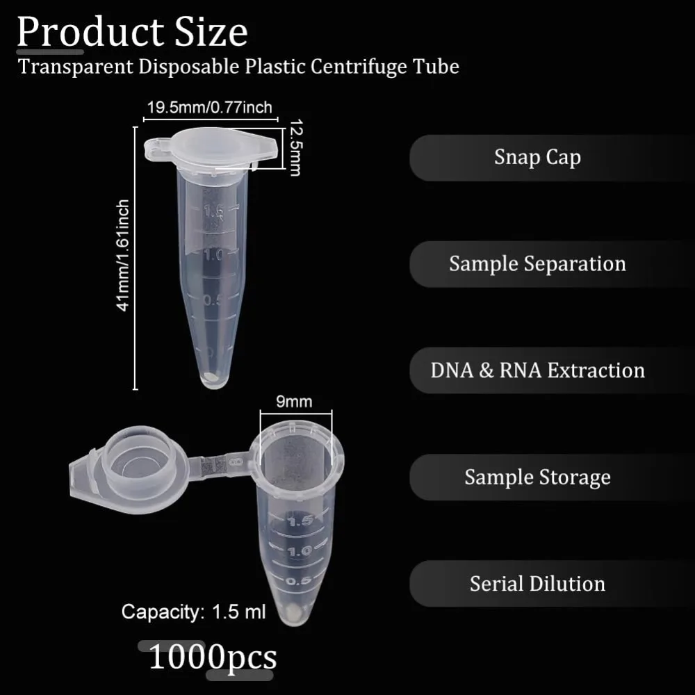 1000 Pcs 1.5ml Microcentrifuge Tube with Snap Cap Graduated Microcentrifuge Tube Transparent Disposable Centrifuge Tube Plastic