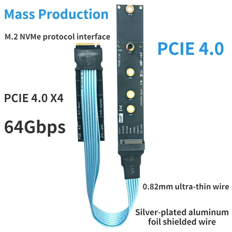 High-Speed 64Gbps Gen4 30AWG Silver-Plated Shielded M.2 NVMe M-KEY PCIE 4.0 x4 Extender NVME Protocol M.2 22110 SSD Adapter Wire