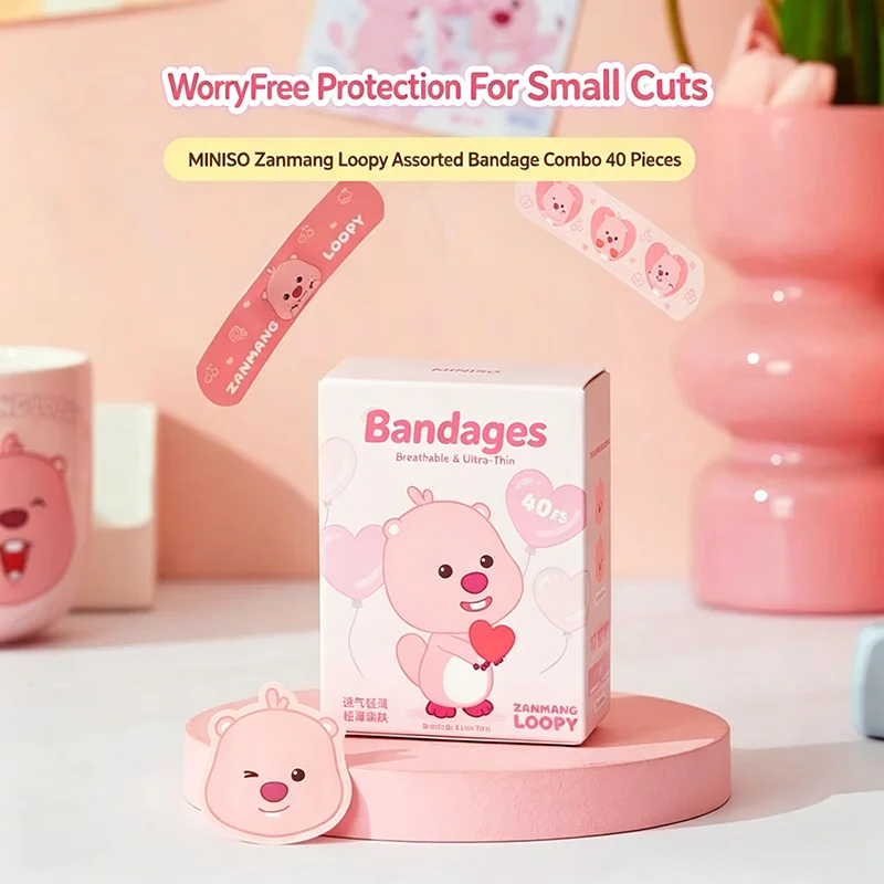 Official Licensed Zanmang Loopy Cute Cartoon Adhesive Bandages 40pcs Assorted Two Sizes Waterproof Breathable Thin Skin Friendly
