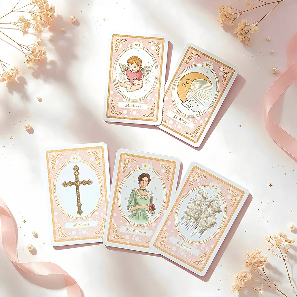 Traditional Rose Lenormand Tarot Card Set 36 PCS Romantic Pink Tarot Cards (8.8*6.0cm), Perfect for Party Games and Holiday Gift