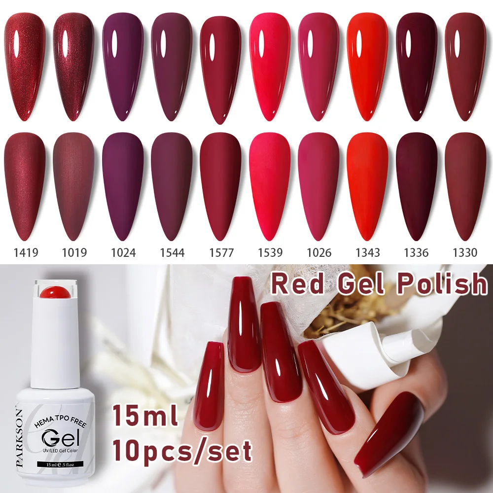 Parkson 15ml 10 pièces – Kit de vernis gel rouge classique, couleurs translucides effet gelée et série nude hivernale très prisée – Vernis gel UV LED à retirer par trempage
