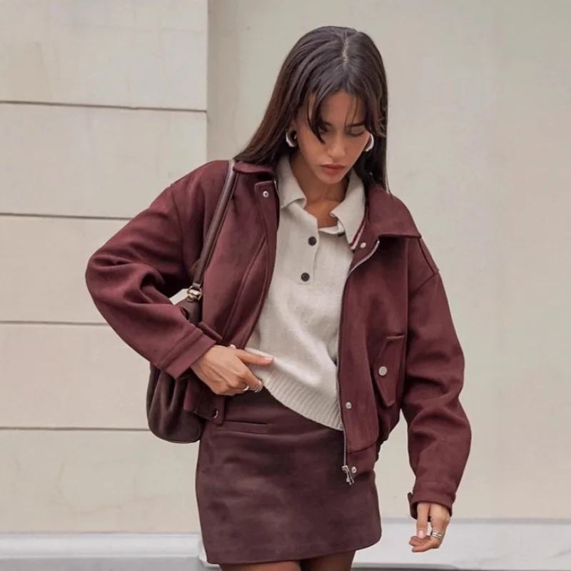 Womens Vintage Rust Brown Relaxed Fit Lapel Collar Jacket Coat 2026 Fall Winter New Casual Chic Trendy Outerwear Fashion Classy
