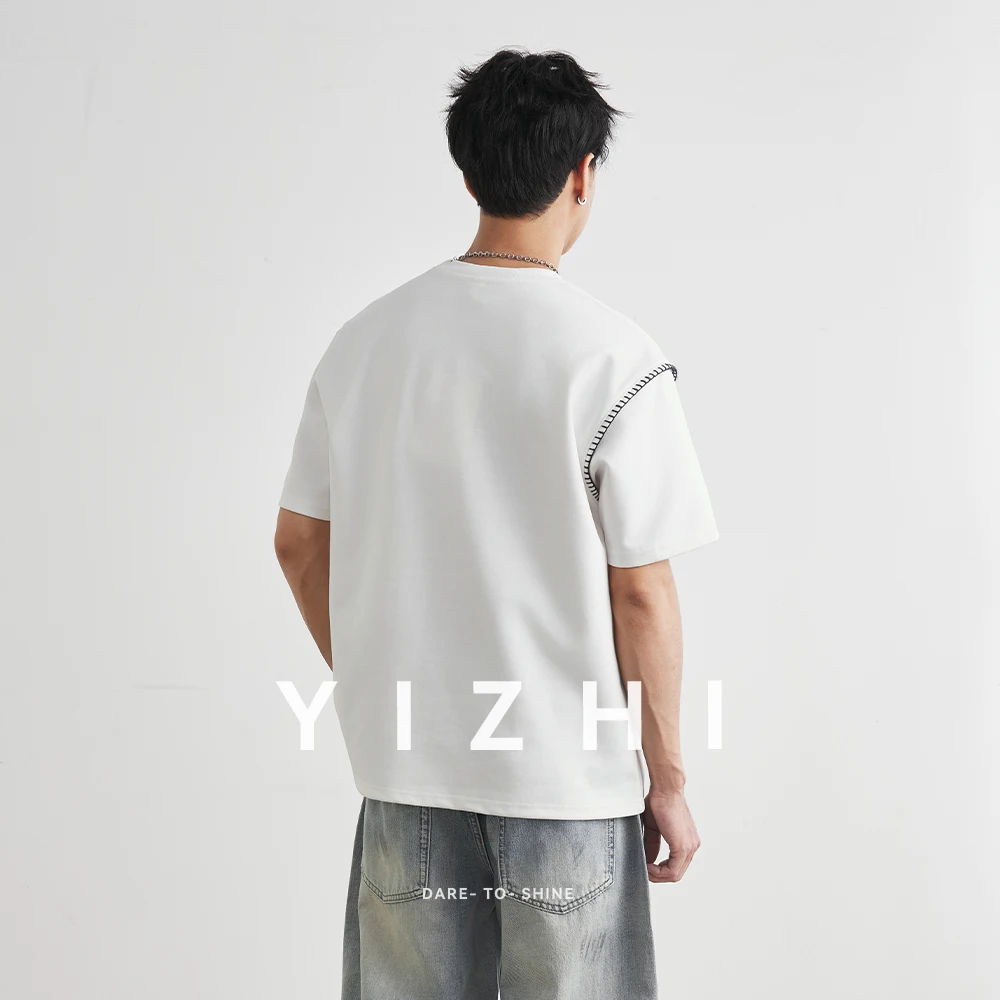Men's Fashion Stitch Decor Short Sleeve T-shirt 2026 Summer Crew Neck Loose Drop Shoulder Minimal Versatile Commute Top