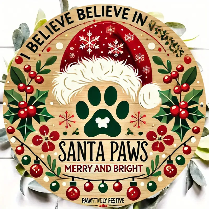 1pc Santa Paws Christmas Sign - 7.8x7.8 Inch Round Metal Wall Hanging Plaque, Multifunctional Festive Decor for Home, Garden, Ki