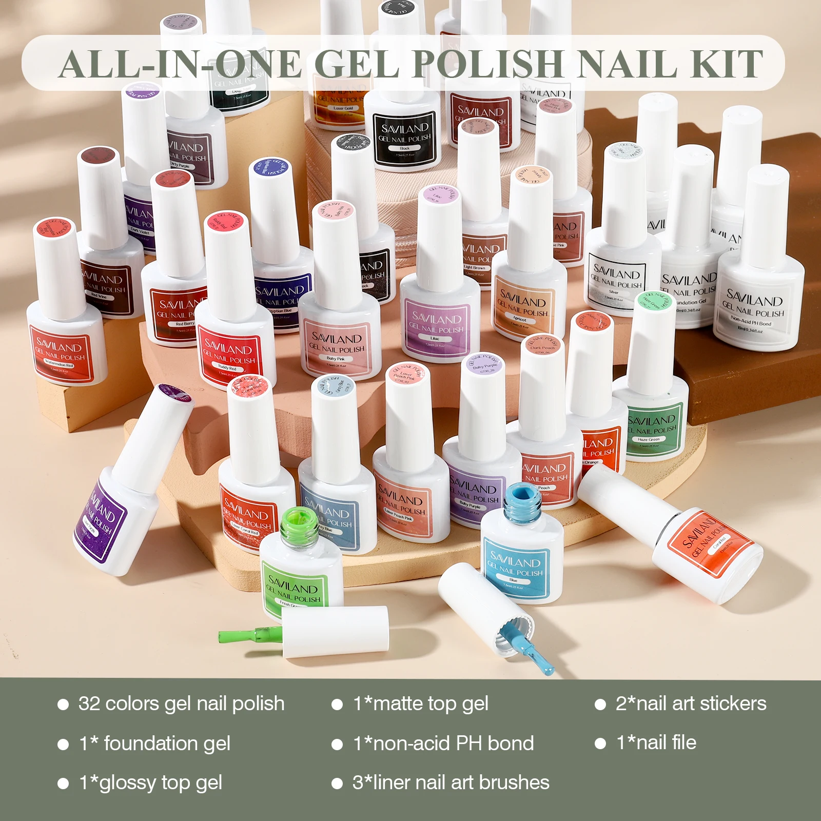 SAVILAND 32 Colors Gel Nail Polish Kit All-Season Glitter Gel Polish with PH Bond Base Top Glossy Matte Gel Soak off Polish Kit