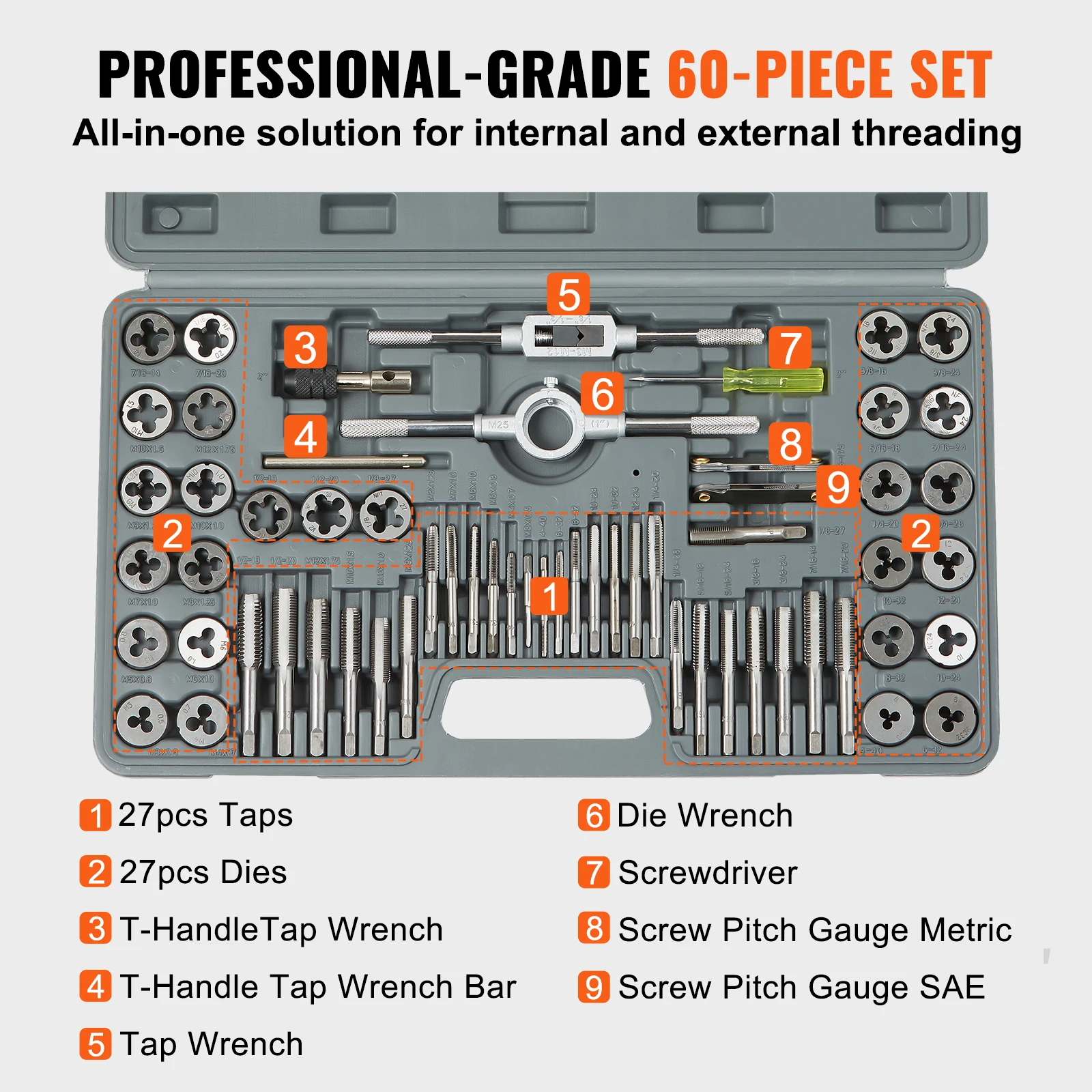 VEVOR Tap and Die Set, 40/60/80/116-Piece Metric and SAE Standard,Bearing Steel,Essential Threading Tool ,w/Complete Accessories