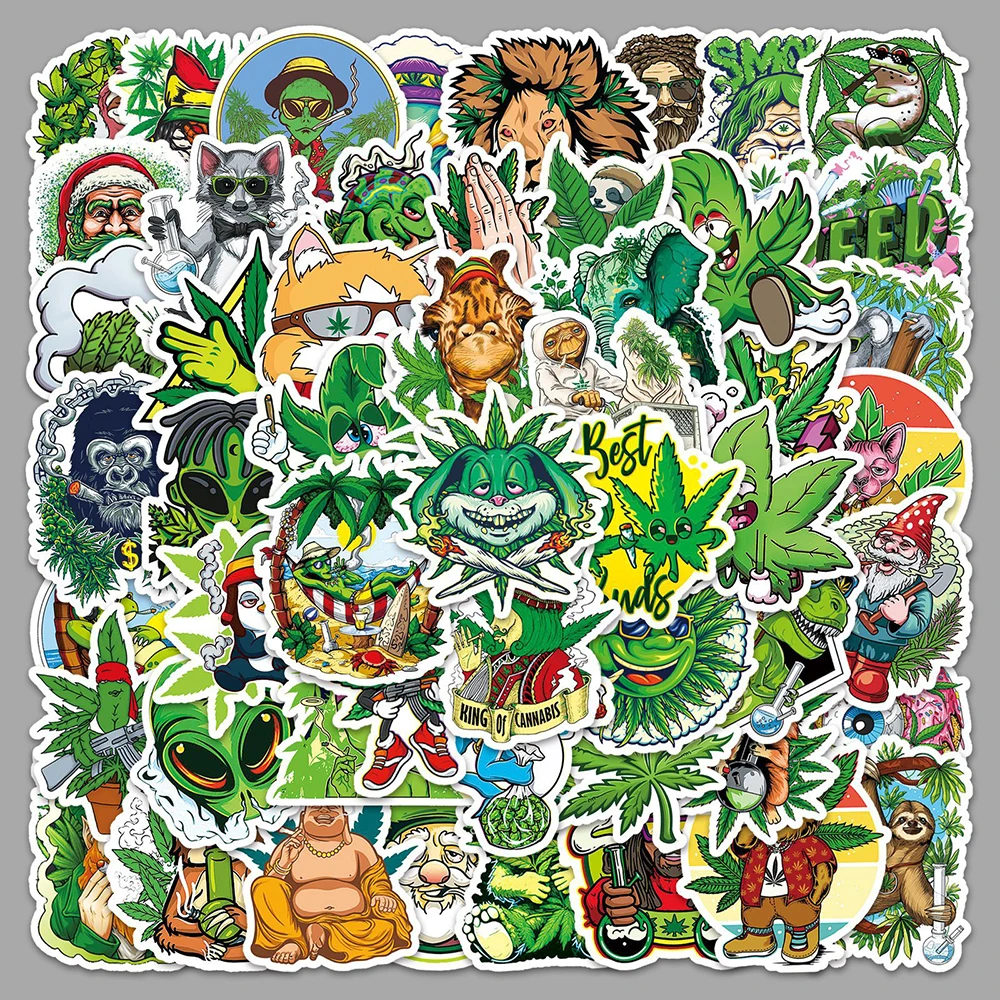 10/30/50/100PCS Funny Hemp Leaf Stickers Weed Smoking Cartoon Graffiti Waterproof  Suitcase Luggage Guitar Skateboard Decals Toy