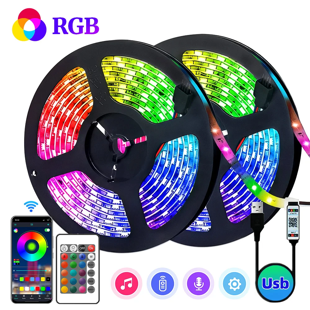 ไฟแถบไฟ LED RGB 5050 5V 1ม.-30ม. 16ล้านสี RGB ระบบไฟแถบไฟ LED ซิงค์เพลงเปลี่ยนสีได้สำหรับงานปาร์ตี้ที่บ้าน