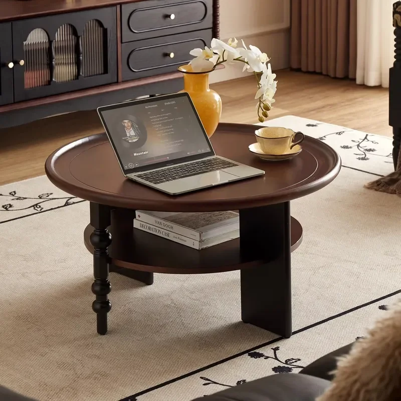 French Retro Solid Wood Coffee Table Carefully Selected for Home Furniture Double-Layer Storage for Small Apartment