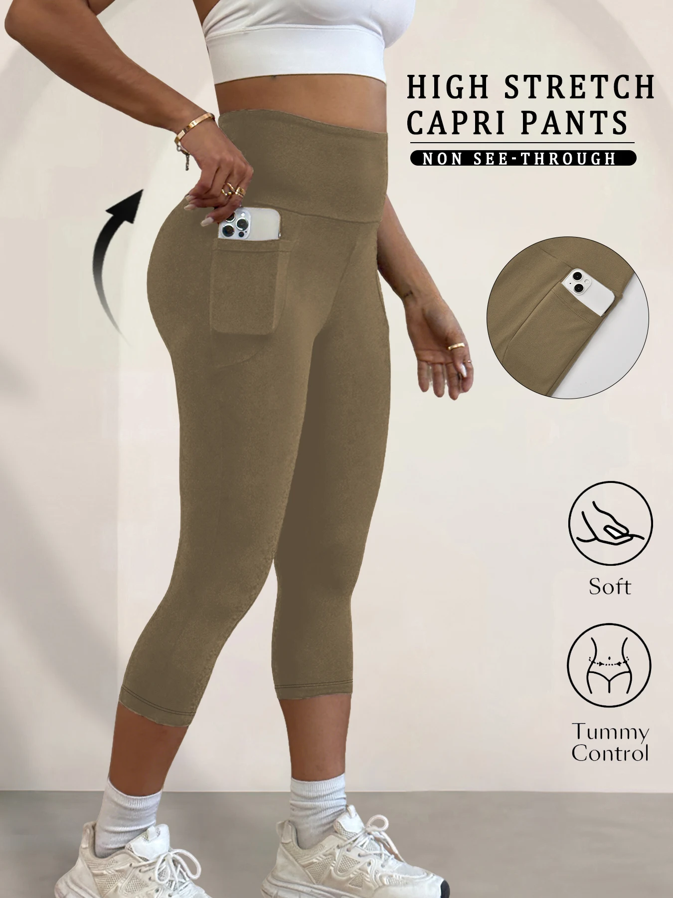 Super Soft Pants for Women High Waisted Capri with Pockets Tummy Control No See Through Running