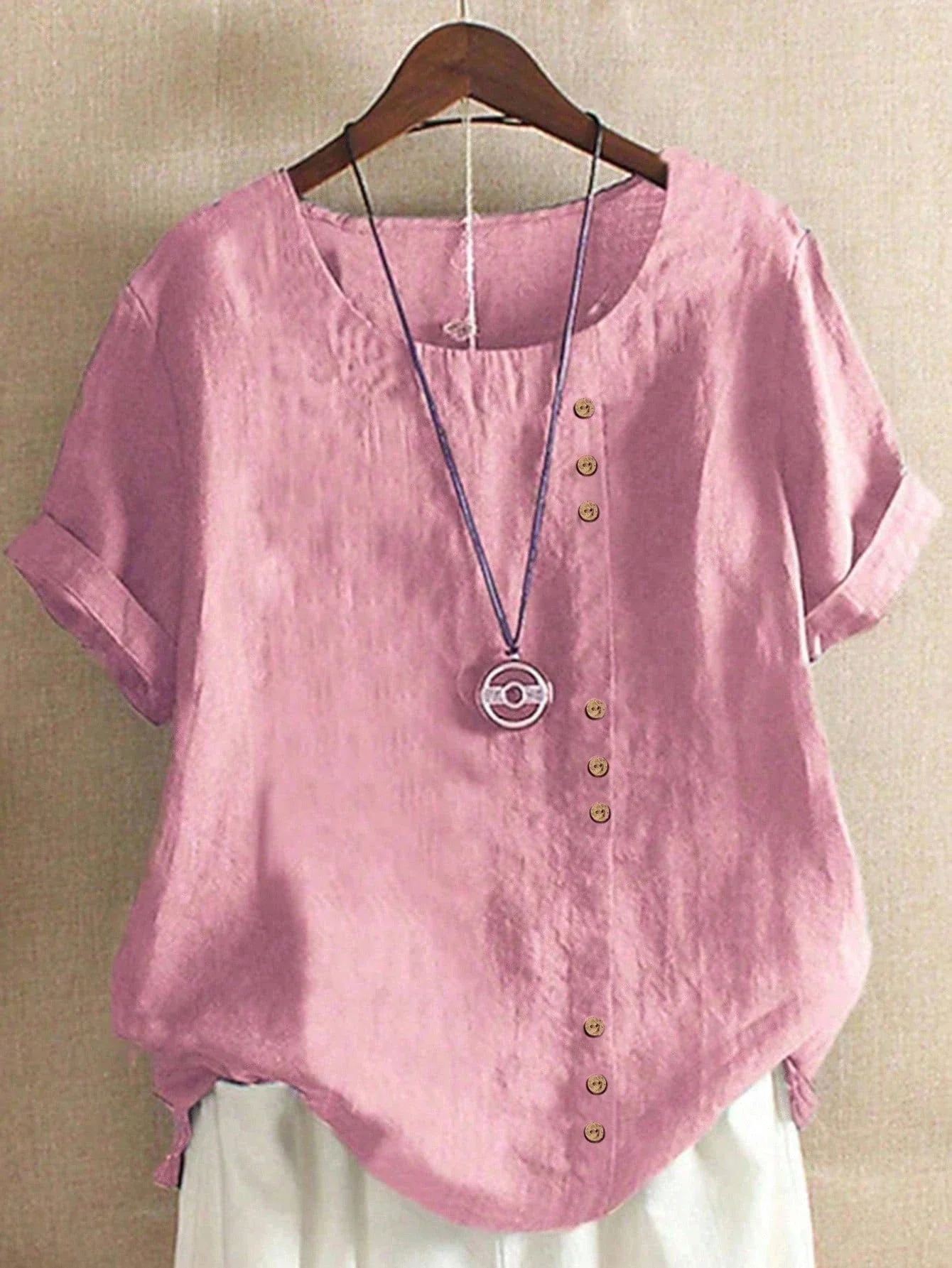 

Women Solid Color Short Sleeve Button Up Shirt Casual Loose Fit