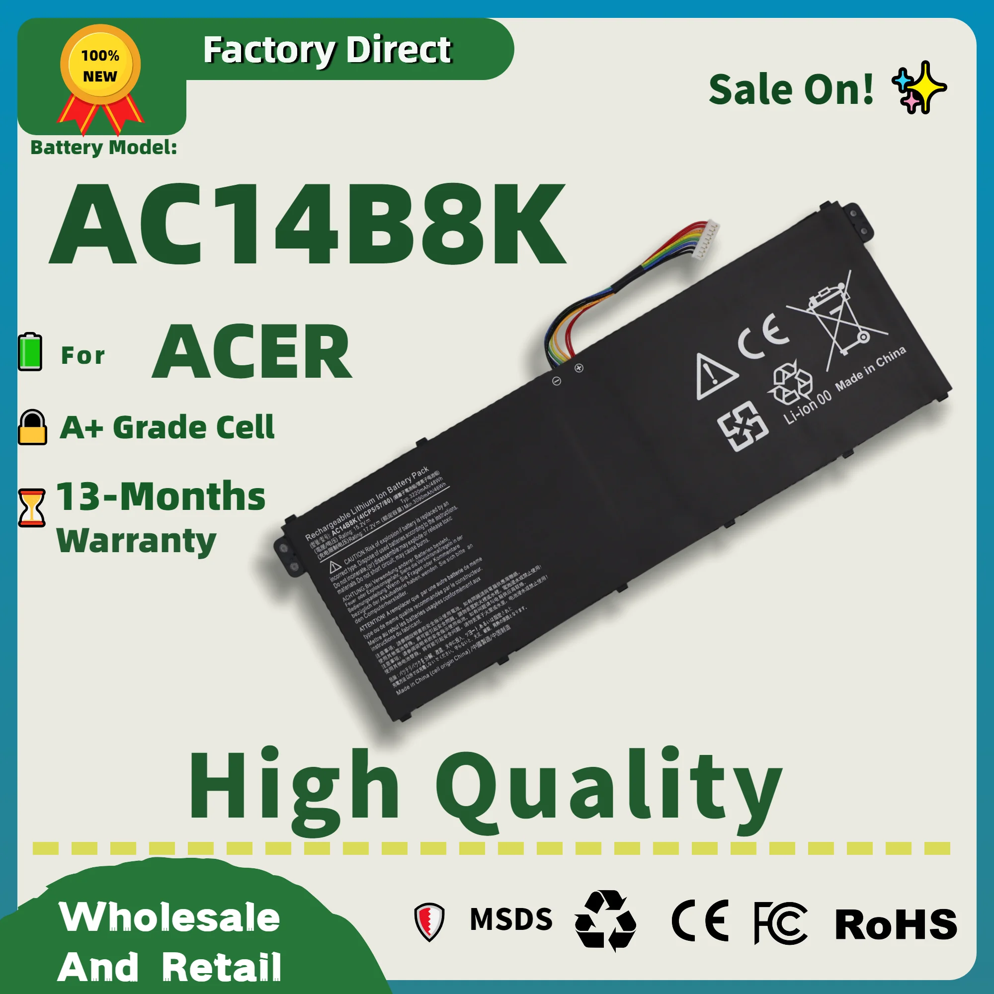 

Прямо с завода! Аккумулятор AC14B8K для Acer Aspire E5-771, E5-771G, V5-122, V5-132, V5-122P, V5-132P, V3-371, V3-111P, Gateway NE512