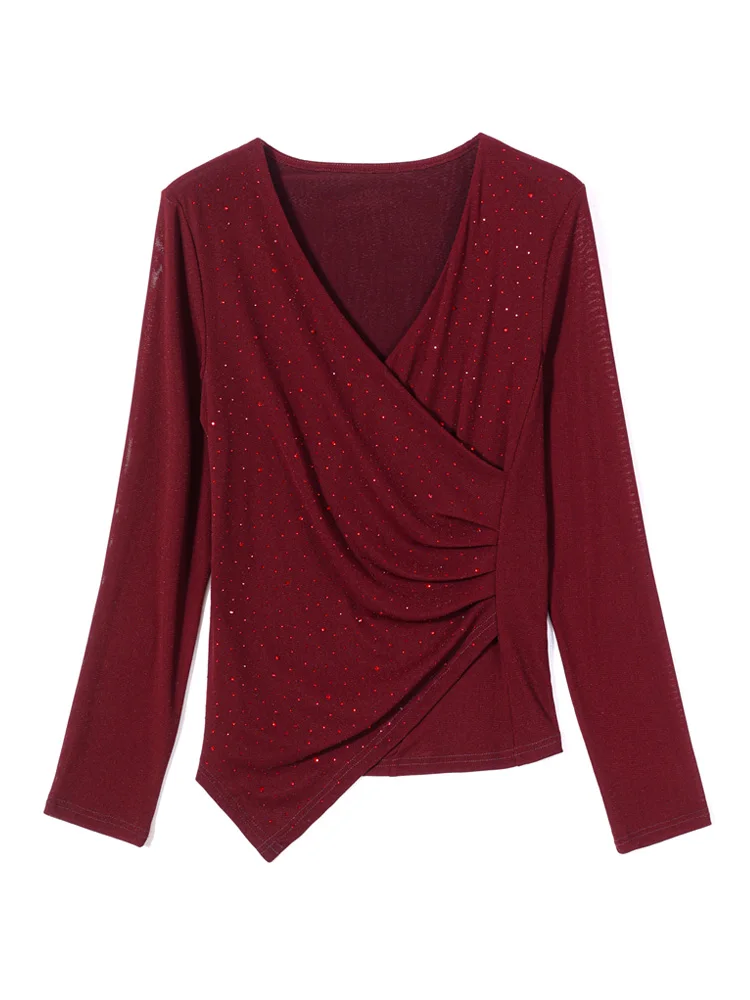 

Elegant Fashion Diamond Long Sleeve T Shirt V Neck Women Bright Silk Mesh Tops Autumn Winter Lady Shirt