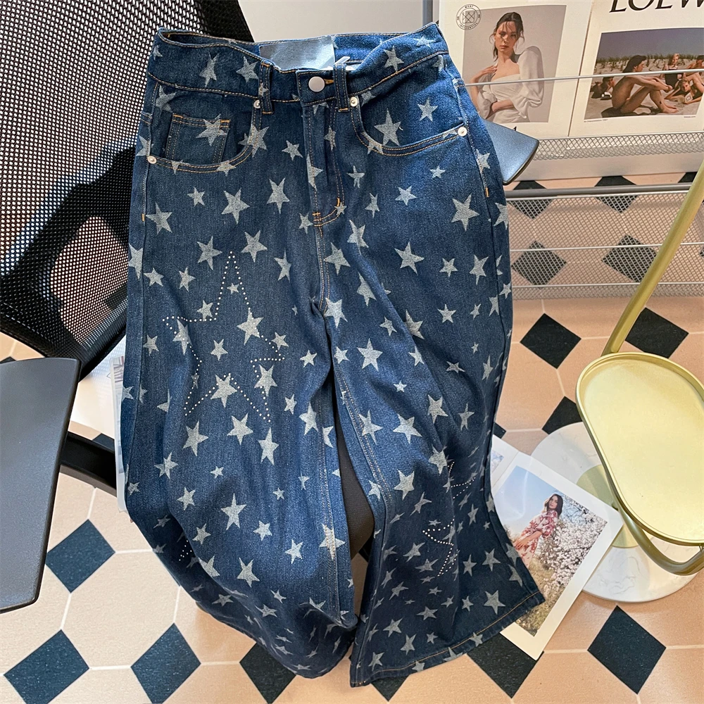

Большие широкие джинсы в стиле ретро со звездами, женские модные свободные джинсовые брюки в стиле Харадзюку с высокой талией, повседневные брюки